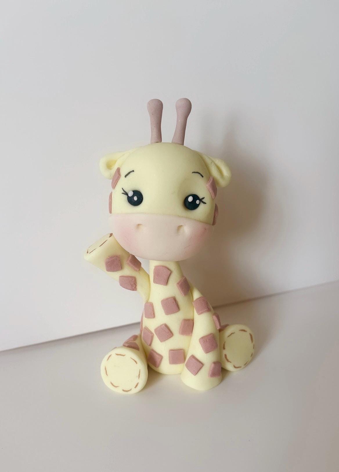 Handmade edible baby giraffe sugarcraft cake decoration topper jungle animal theme birthday christening fondant figure