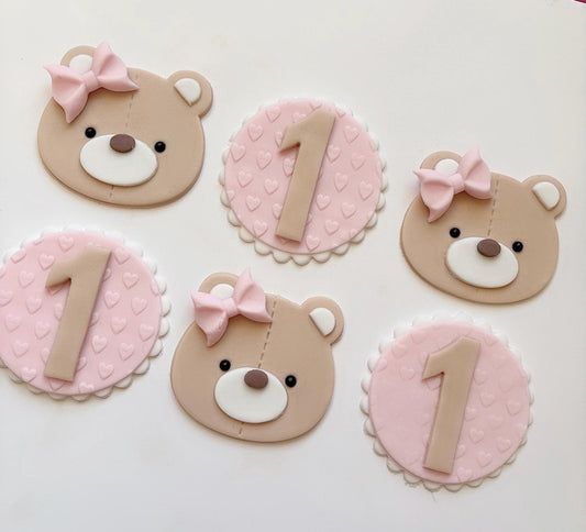 Handmade edible fondant teddy bear birthday party cupcake toppers pink, blue boy or girl first birthday cake