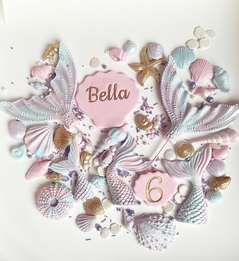 Mega large edible sugar rainbow mermaid themed cake topper set personalised with name and age
