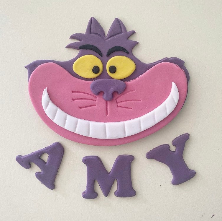 Edible sugar personalised Cheshire Cat Alice in Wonderland cake topper set for birthday cake handmade with name