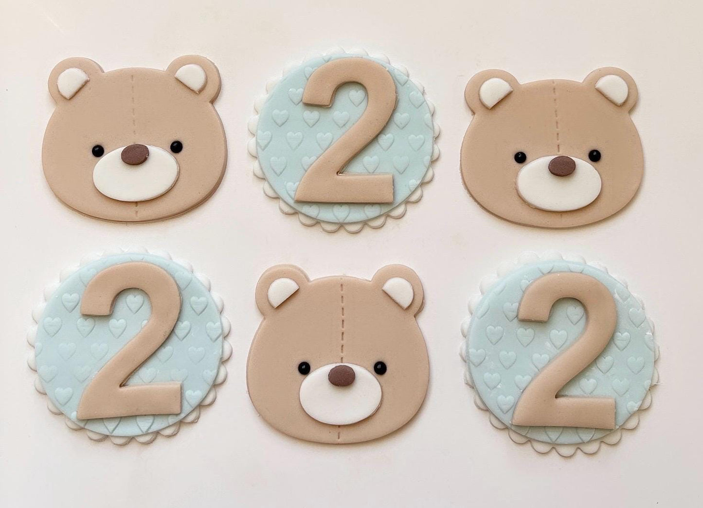 Handmade edible fondant teddy bear birthday party cupcake toppers pink, blue boy or girl first birthday cake