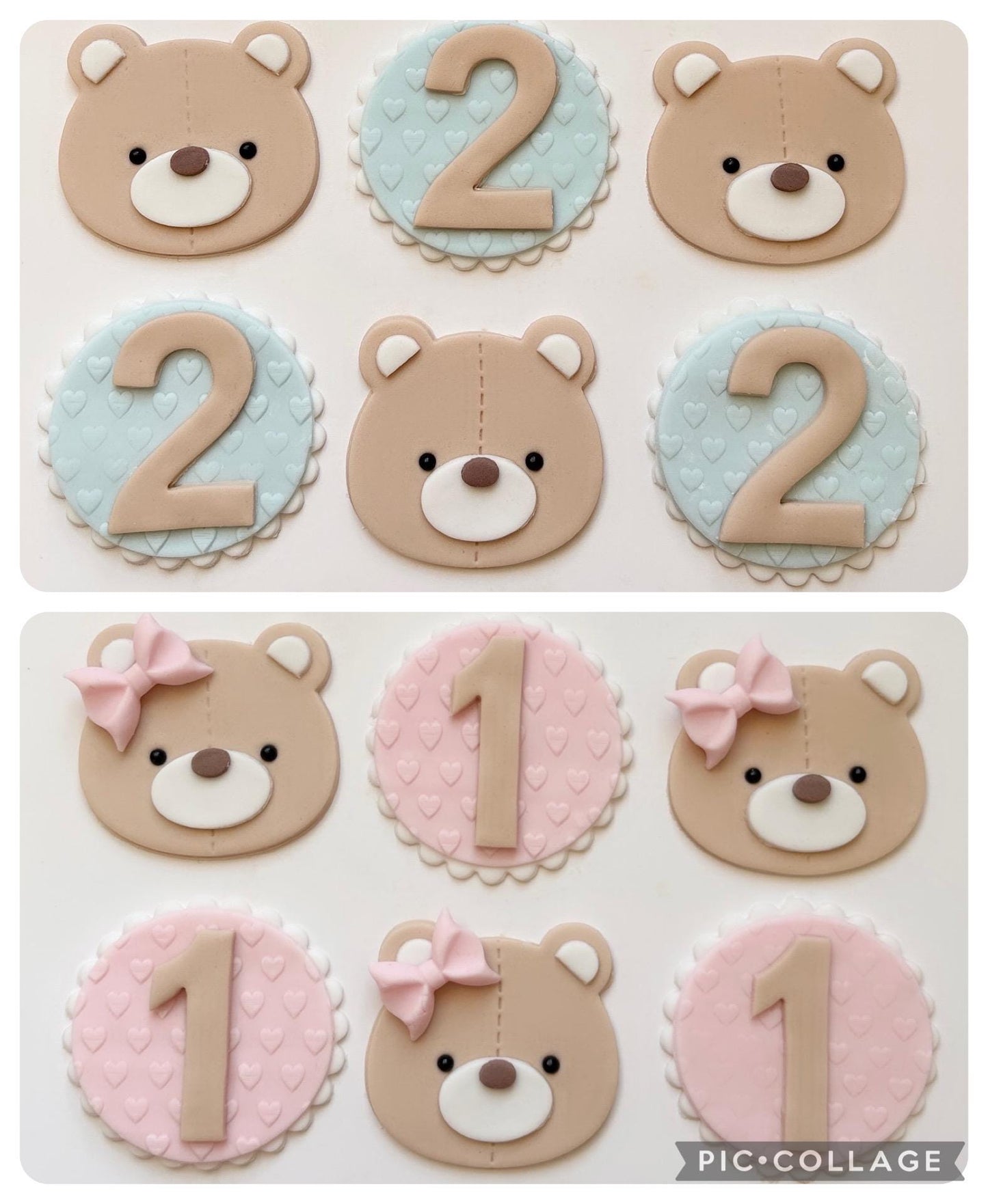 Handmade edible fondant teddy bear birthday party cupcake toppers pink, blue boy or girl first birthday cake