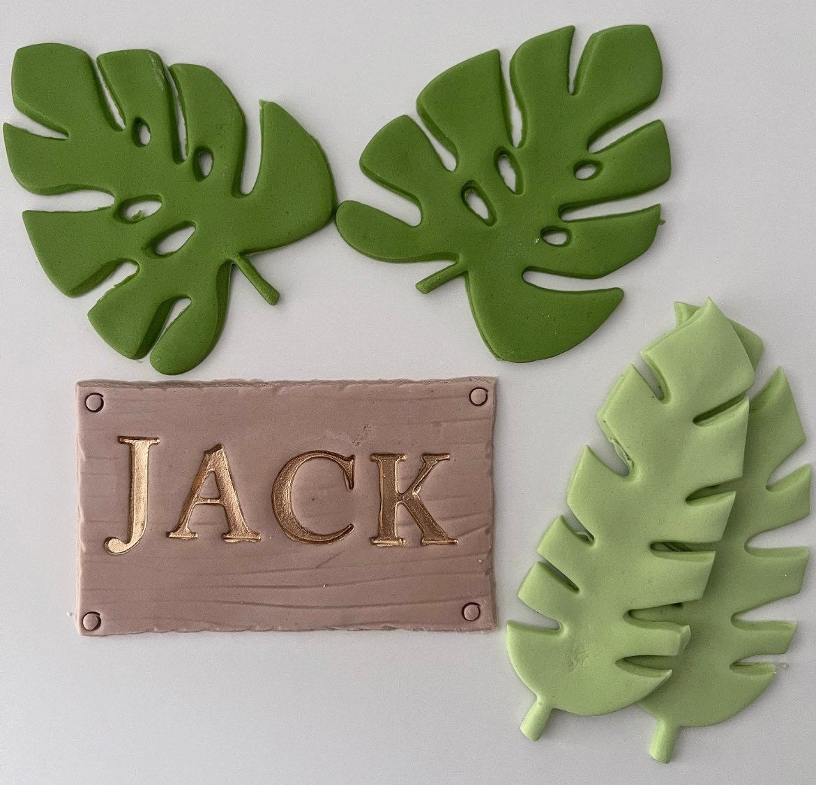 Edible sugar Safari themed personalised name plaque and leaves cake topper set for birthday cake handmade tropical leaves jungle
