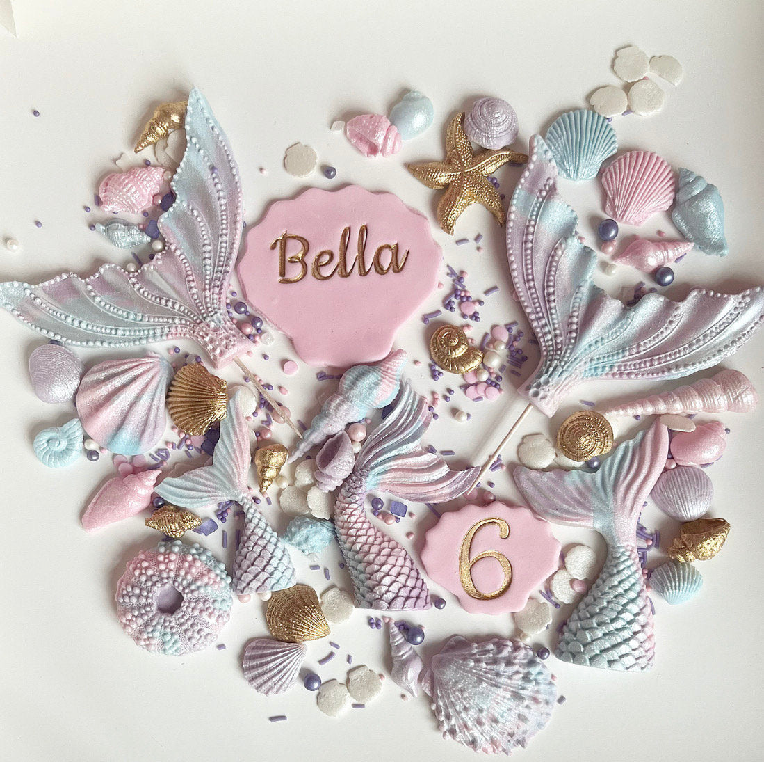 Mega large edible sugar rainbow mermaid themed cake topper set personalised with name and age